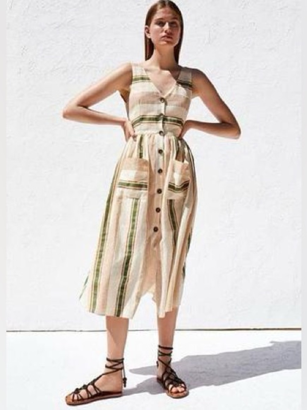 Zara a sleeveless V-neck Cream, Tan & Green Striped Button-Front Midi Dres